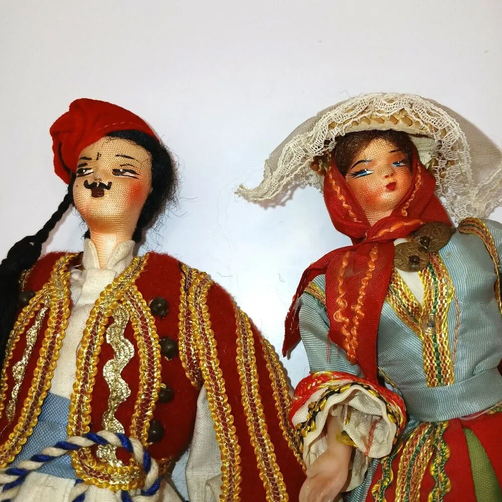 Lot Of 2 Vintage Greek Cloth Costume Dolls 7 & 9 inches tall